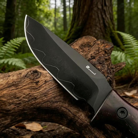 Fixed Blade Knife With Rosewood Handle And Leather Sheath For Outdoor Use VG10 Steel Blade resting on a tree trunk outdoors.