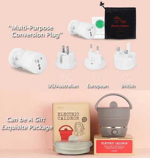 Foldable Electric Travel Hot Pot For Camping And Office, shown with multi-purpose conversion plugs and packaging, compact design