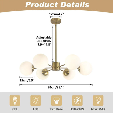 Gold Sputnik Chandelier With Six Milk Glass Globes Brass Flush Mount Ceiling Light For Kitchen And Dining Rooms Modern Mid Century Pendant Fixture White Globe Orbs With Warm Brass Glow And Easy Install, product dimensions and details
