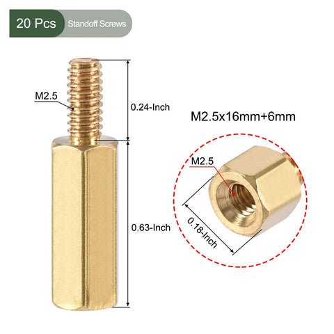 Pro Level Brass M2.5 PCB Standoff Spacers And Hex Mounting Screws For Motherboards showing dimensions and design, 16mm length, hexagonal brass material.