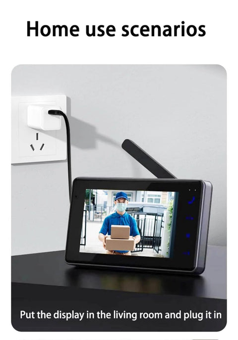 4.3 inch monitor for Wireless Video Doorbell Camera With No Subscriptions And Bluetooth Pairing, Real Time Two Way Intercom, 1080P Video, 120 Degree Field Of View, No App Or Wi Fi Needed, Easy Mount With Adhesive Or Screws, showing delivery person