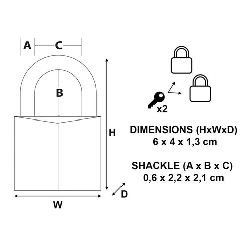 Diagram of Solid Brass Padlock With Key 2 Pack For Indoor Outdoor Use, showing dimensions and shackle measurements.