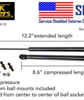 No Fuss 12 Inch Gas Strut Lift Kit For Camper Shells With Slick 24 Pound Force showing 12.2 inch extended stuts and hardware.