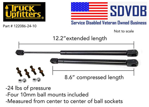 No Fuss 12 Inch Gas Strut Lift Kit For Camper Shells With Slick 24 Pound Force showing 12.2 inch extended stuts and hardware.