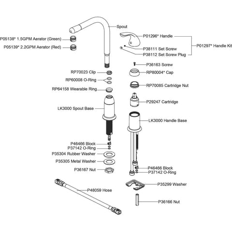 Diagram of Every Day Deck Mount Kitchen Faucet With Remote Lever Handle Chrome Finish ADA Compliant exploded parts view