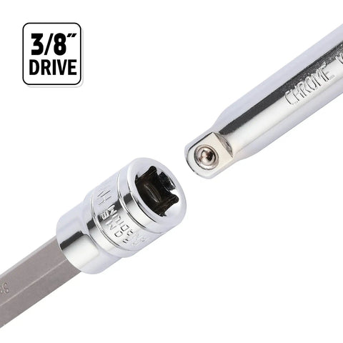 Close-up of Long Three Eighths Inch Drive Hex Bit Socket Set With S2 Alloy Bits And CR V Sockets SAE And Metric Mix Eighteen Piece Kit
