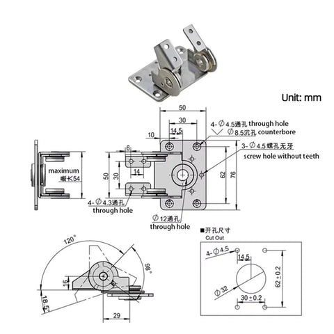 Front view of stainless steel damping bilateral torque hinge with mounting base, 1 piece
