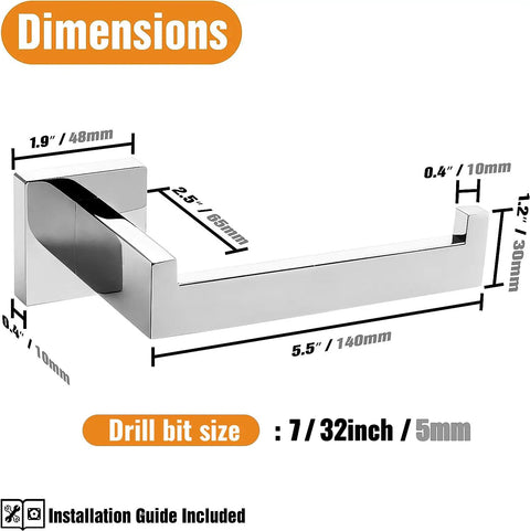 Dimensions diagram of Chrome Toilet Paper Holder Wall Mount Square Silver 304 Stainless Steel Rustproof, Rotate Proof Bracket