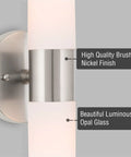 Modern 14 Inch Two Light Wall Sconce In Brushed Nickel Finish With Frosted Glass Cylinder Shades close-up showing materials.