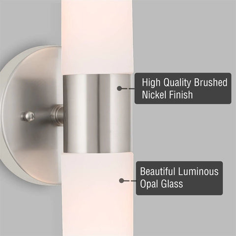 Modern 14 Inch Two Light Wall Sconce In Brushed Nickel Finish With Frosted Glass Cylinder Shades close-up showing materials.