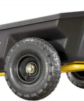 Close-up of Poly Dump Cart With Foldable Handle 2-Wheel Garden Wagon, showing black bed and pneumatic tires, black and yellow