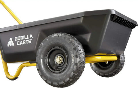 Close-up of Poly Dump Cart With Foldable Handle 2-Wheel Garden Wagon, showing black bed and pneumatic tires, black and yellow