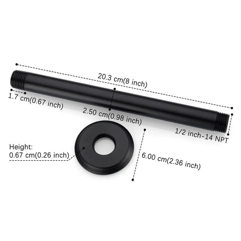 Slick Matte Black 8 Inch Ceiling Mounted Shower Arm With Flange For Rain Shower Head, 304 Stainless Steel Construction