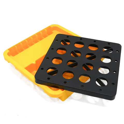 Heavy Duty Modular Spill Containment Pallet With Drain And Grating, Stackable Platform components shown in yellow and black
