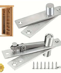 Rock Solid Heavy Duty Pivot Hinge Set For Secret Doors, stainless steel hinges with screws, shown with installation example.