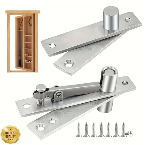 Rock Solid Heavy Duty Pivot Hinge Set For Secret Doors, stainless steel hinges with screws, shown with installation example.