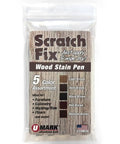 Premium Wood Stain Touch Up Pens With Five Millimeter Chisel Tips in a pack showcasing five color assortments for repairs.