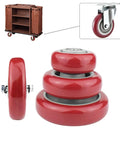 Heavy Duty 4 Pc Wheel Casters Lot With Solid Pvc Treads For Furniture Hauling Industrial Machinery Moving And Heavy Transport Gear 2.5 Inch Wide PVC wheels in red, showing solid treads for easy mobility.