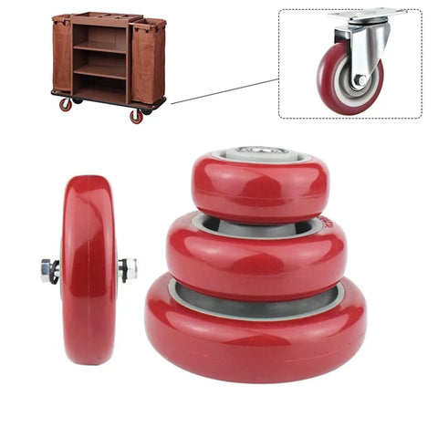 Heavy Duty 4 Pc Wheel Casters Lot With Solid Pvc Treads For Furniture Hauling Industrial Machinery Moving And Heavy Transport Gear 2.5 Inch Wide PVC wheels in red, showing solid treads for easy mobility.