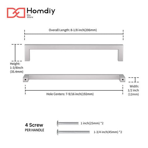 Dimensions and screws for 30 Pack Brushed Nickel Cabinet Pulls Square Dresser Handles In Stainless Steel For Drawers And Cupboards, 7-1/2 Inch Centers.