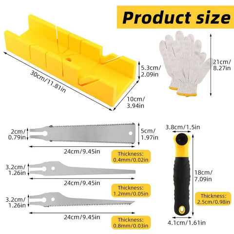 4 In 1 Miter Box And Saw Set With A 12 Inch Box And 3 Interchangeable Blades Japanese Pull Saw For Wood Drywall And Soft Metal Cutting Ideal For DIY And Home Projects Pro Grade, showing components and dimensions.