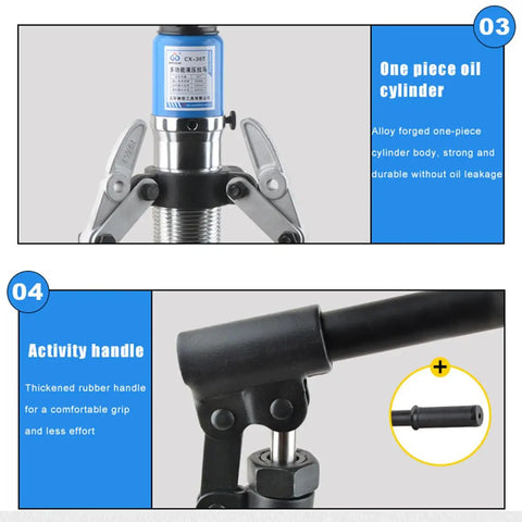 Close-up of Beefy Hydraulic Gear Puller Kit with adjustable jaws and one-piece oil cylinder.