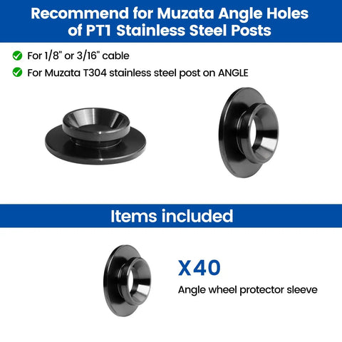40 Pack One Eighth Inch Thirty Degree Angle Wheel Black Cable Railing Grommets for Metal Posts Only Compatible with Wire Rope Sized One Eighth Inch Five Thirty Second Inch and Three Sixteenth Inch Protector Sleeves CR79 shown with angle wheel protector sleeve