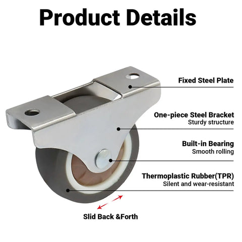 Four Pack 2 Inch Fixed Caster Wheels With Low Profile Design For Furniture non swivel showing steel bracket and TPR roller.