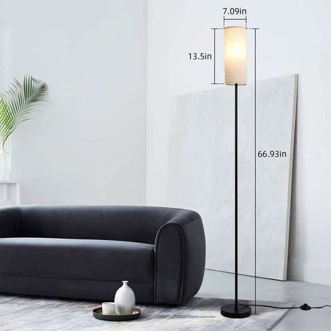 Modern Tall LED Floor Lamp With Linen Shade And Black Iron Pole in living room, 66.93 inches tall, minimalist decor