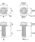 Diagram of Titanium Flange Torx Bolts For Cars And Motorcycles Ultra Light Ride Ready Fasteners Set M5x15mm, showing dimensions.