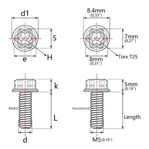 Diagram of Titanium Flange Torx Bolts For Cars And Motorcycles Ultra Light Ride Ready Fasteners Set M5x15mm, showing dimensions.