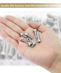Hand holding 304 Stainless Steel Hex Socket Head Cap Screw Set 212 Pieces M5 Lengths 6 8 12 16 20 25 30mm Includes Nuts Lock Washers Flat Washers Fully Threaded All Purpose Kit.