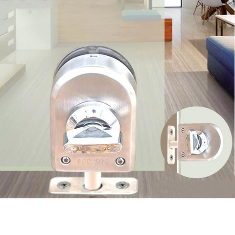 Keyless Glass Door Lock For 10mm To 12mm Glass Doors In Stainless Steel, Floor Latch Bolt installed on glass door, indoor view
