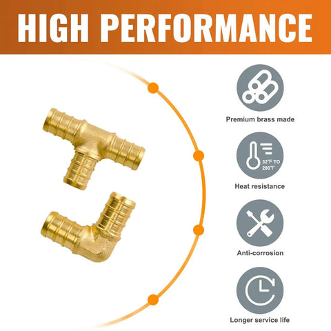 Brass Crimp Fittings 50 Pack For PEX Pipe 1/2 Inch With 90 Degree Elbow And Tee Kit No Lead, Corrosion Resistant Plumbing Connectors