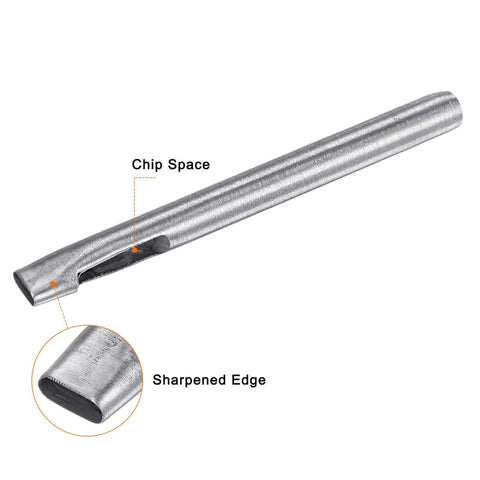 Close-up of a stainless steel punch from the 9 Piece Stainless Steel Leather Hole Punch Set With A5 Cutting Mat For Leather, Fabric, Canvas And More Oblong Punch Tools, showing sharpened edge and chip space.