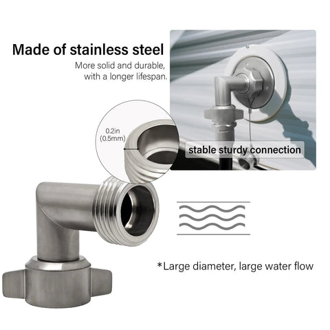 90-degree stainless steel hose elbow with 3/4-inch GHT threads for RV water hoses; easy-grip connector; 1-pack
