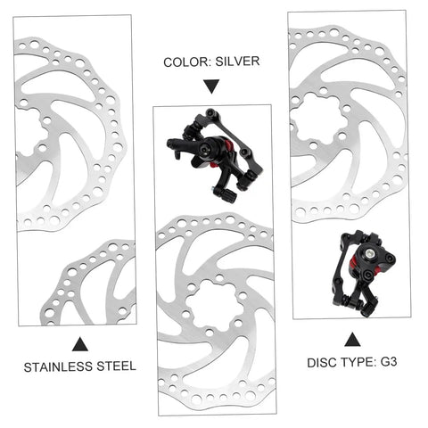 Fire Up Your Rig With This Mountain Bike Front And Rear Mechanical Disc Brake Kit Featuring Forged Aluminum Calipers Premounted Pads And Direct Pull Cables For Solid Stops On Wild Trails All Season Long, focusing on silver stainless steel rotors and G3 disc type.