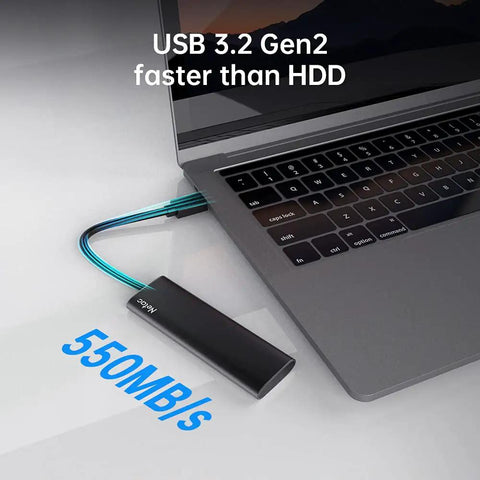 250GB Portable SSD USB 3.2 Gen 2 Type-C External Drive connected to laptop showcasing slim aluminum design and speed