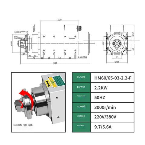 Technical diagram of 2200W High Speed CNC Spindle Motor 220V 380V Dual Voltage 3000 RPM 30mm Inner Diameter for DIY
