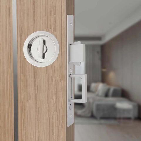 Pocket Door Hardware With Pull Recessed Door Handle Lock For Furniture Invisible Sliding Door Lock Handle installed on interior wood door