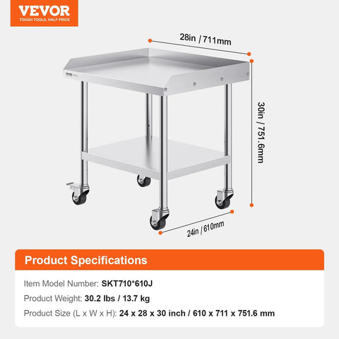 Stainless Steel Work Table 24 x 28 x 30 Inch With Four Casters And Three Sided Backsplash, shown with dimensions and casters
