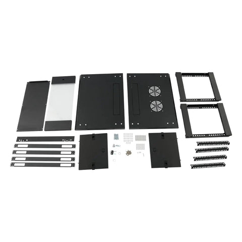 Top Shelf Heavy Duty Wall Mount Server Cabinet Bad Boy Network Rack With Lockable Tempered Glass Door parts and assembly components on a flat surface.