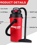 5 Gallon Wet Dry Vacuum With 5.5 Peak HP detailing carry handle, on/off switch, and collection tank, wall-mountable for garage use.
