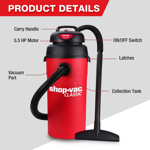 5 Gallon Wet Dry Vacuum With 5.5 Peak HP detailing carry handle, on/off switch, and collection tank, wall-mountable for garage use.