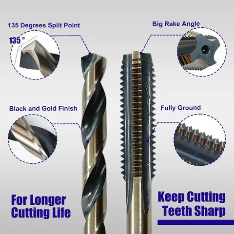 18 Piece Drill And Tap Set With T Handle Ratchet Wrench Premium HSS Jobber Length Drill Bits And Hand Plug Taps Includes 9 Drill Bits And 9 Taps Ranging From 6 32 UNC To 1 2 13 UNC Metal Indexed Box Black And Gold Finish