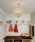 Modern Chandelier Light Fixture With Wood Beaded Boho Pendant 4 Lights Orb Design Vintage Farmhouse Ceiling Light For Entryway