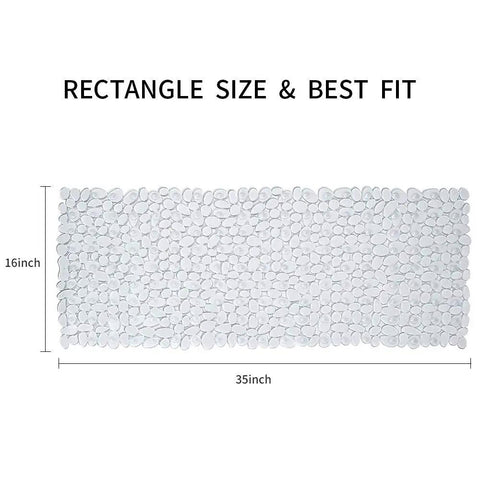 Top Rated Premium Heavy Duty Non Slip Shower Mat For Bathtub with clear textured surface, 16x35 inch size, showing dimensions.