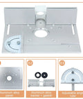 Knockout Aluminum Alloy Router Lift System Kit featuring heavy duty table insert plate, aluminum panel, backer, gasket, and adjustable angle ruler.