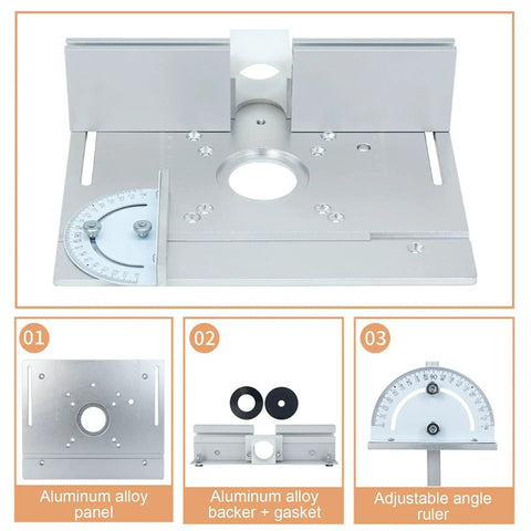 Knockout Aluminum Alloy Router Lift System Kit featuring heavy duty table insert plate, aluminum panel, backer, gasket, and adjustable angle ruler.