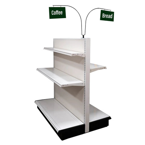 Game Changing Curved Gondola Shelf Double Side Magnetic Base Sign Holder Rack Retail Store Aisle Walkway Section Markers And Labels Fast Gripping Easy Install 5 Pack with hanging signs for Coffee and Bread.
